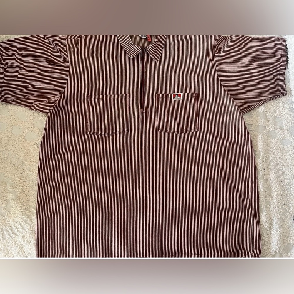 Men’s VTG Ben Davis Red Hickory Striped 1/2 Zip Mechanic Work Shirt 2XL USA